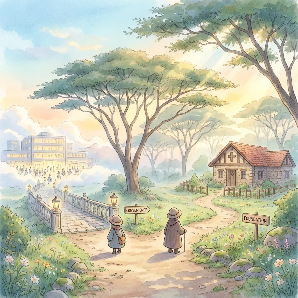 Studio Ghibli aesthetic. A visual metaphor illustrating two distinct paths diverging in a peaceful, slightly misty Kenyan forest clearing at sunrise. One path is paved, ornate, and leads towards a distant, busy, large building (representing private convenience). The other path is simple, natural, and leads towards a sturdy, unassuming community health center in the distance (representing PHCF stability).