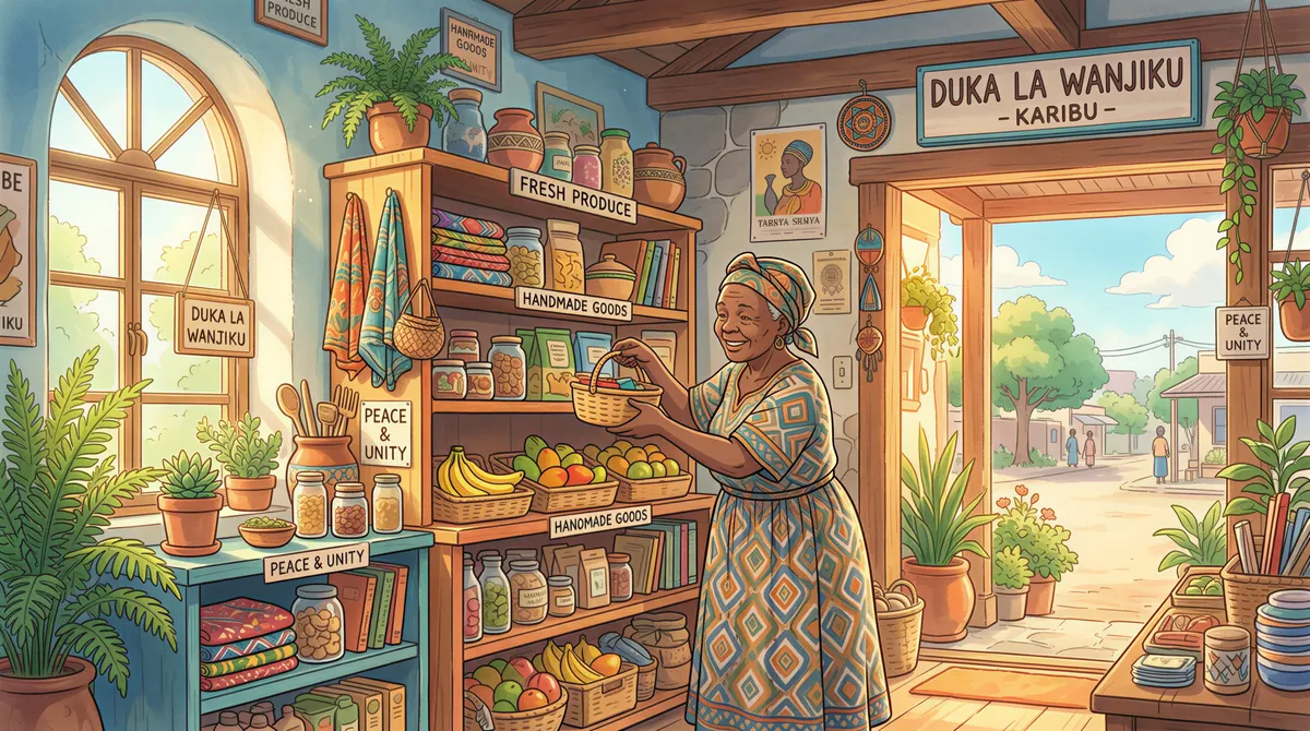 A secure retail shop owner in Kenya organizing stock with peace of mind from burglary insurance