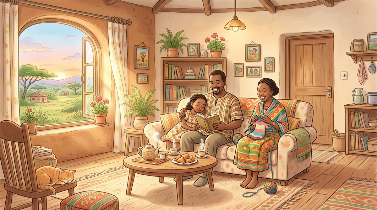 A Kenyan family relaxing comfortably in their living room with a domestic package insurance protection
