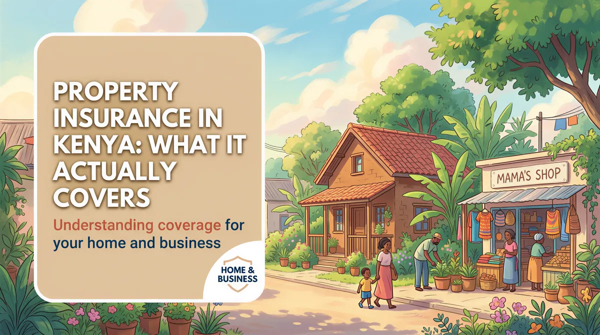 A cozy Kenyan home and small shop under a warm sunny sky, representing property insurance in Kenya