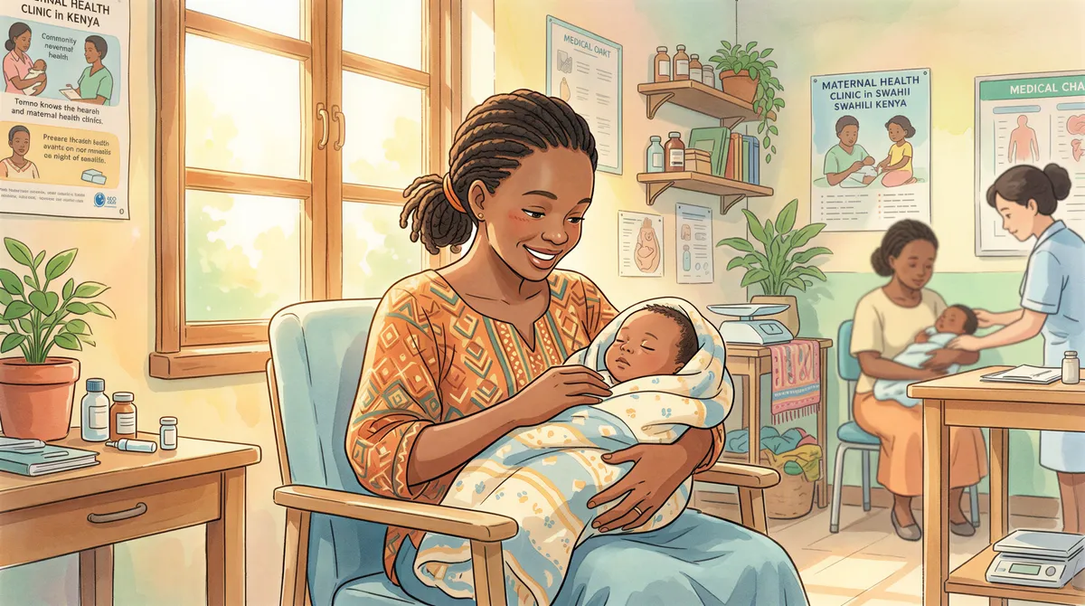 Happy Kenyan mother holding her newborn baby in a peaceful clinic room