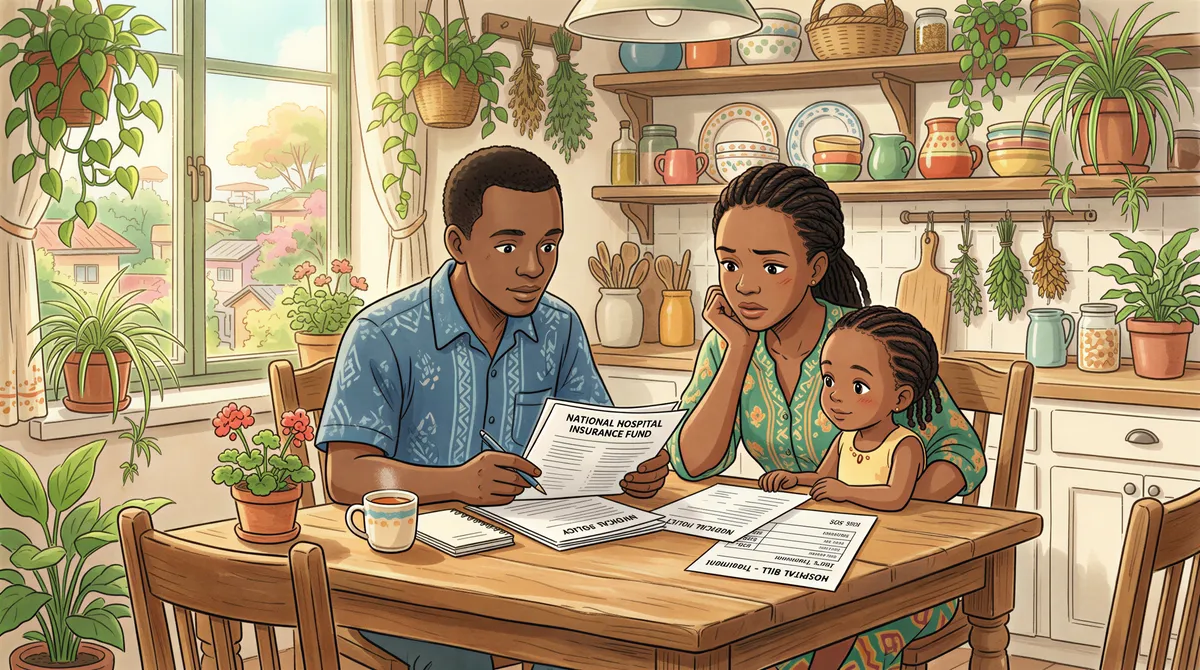 Kenyan family reviewing medical insurance bills and hospital tariffs together at home