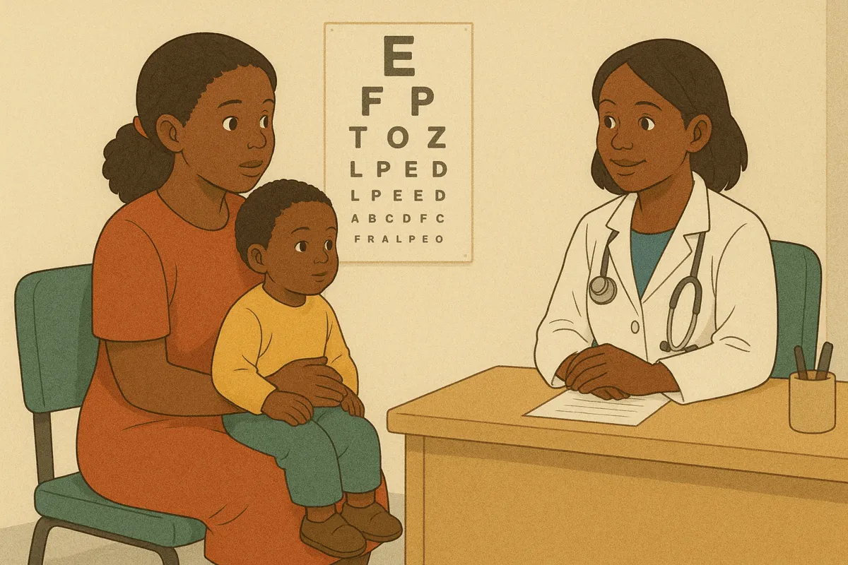 Child and mother visiting a pediatrician for an eye exam, featuring an eye chart in the background.