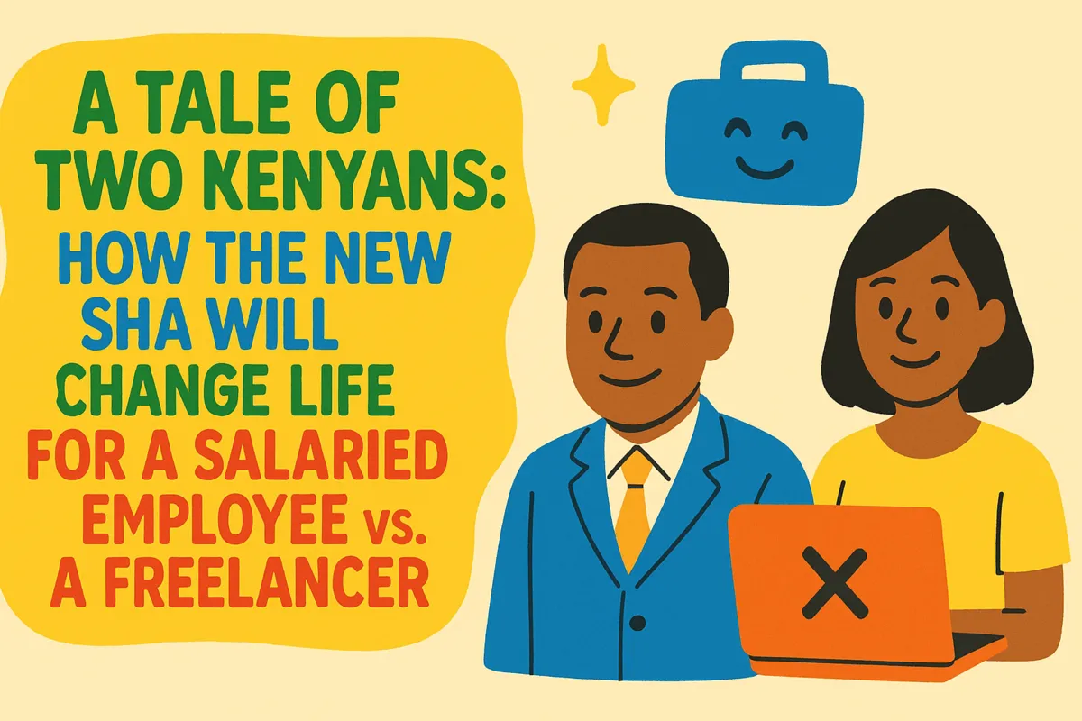 Illustration of two Kenyans discussing the impact of the new SHA on the lives of salaried employees versus freelancers.