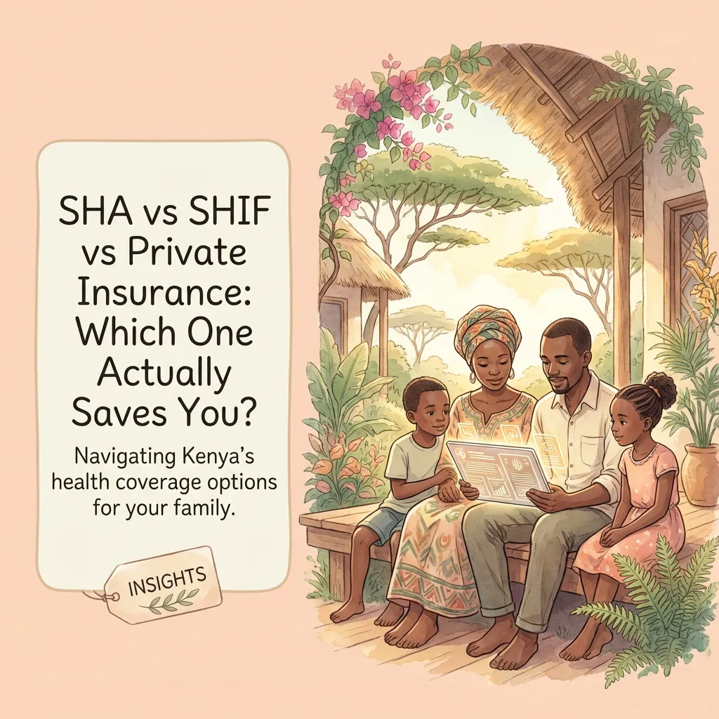 Kenyan family reviewing SHA vs SHIF vs Private Insurance health coverage options.