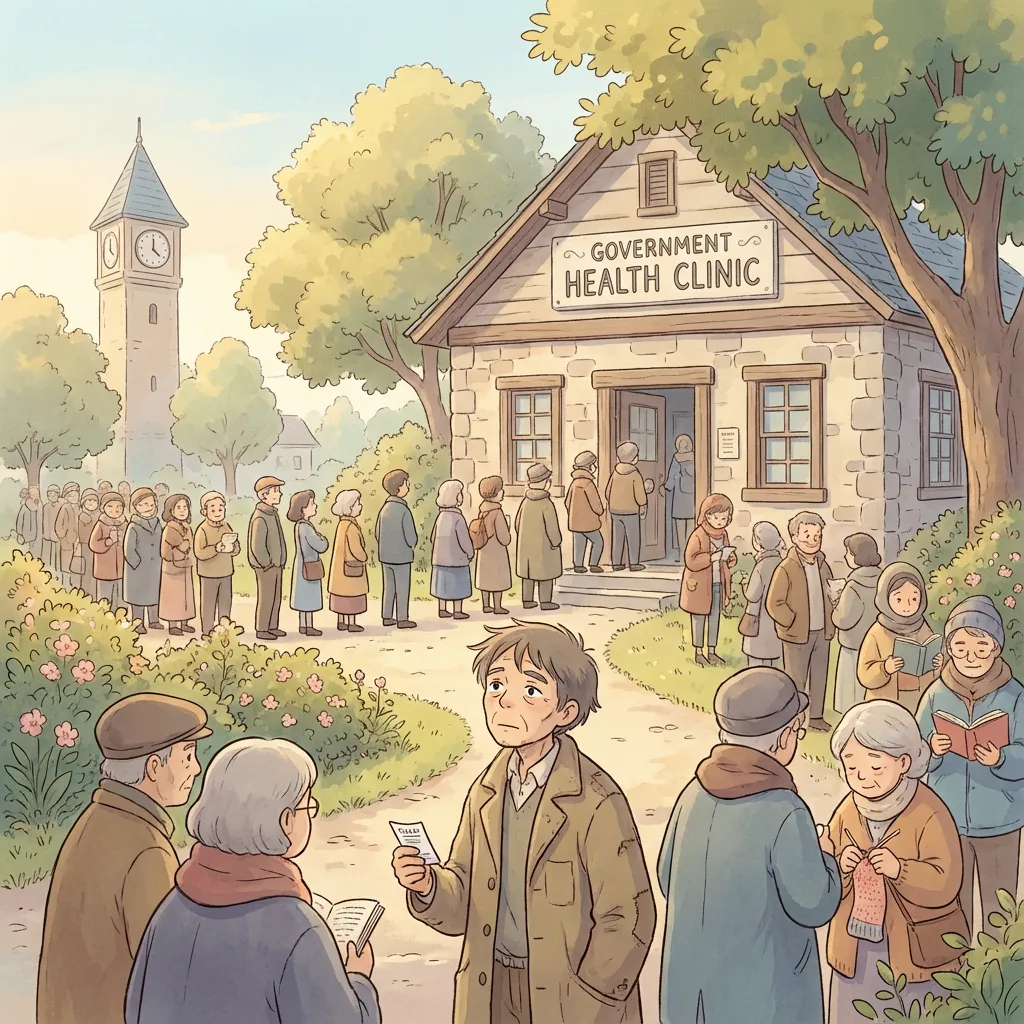 Studio Ghibli scene showing a long, slow-moving queue of people waiting patiently outside a clean, but busy public health clinic in Kenya.