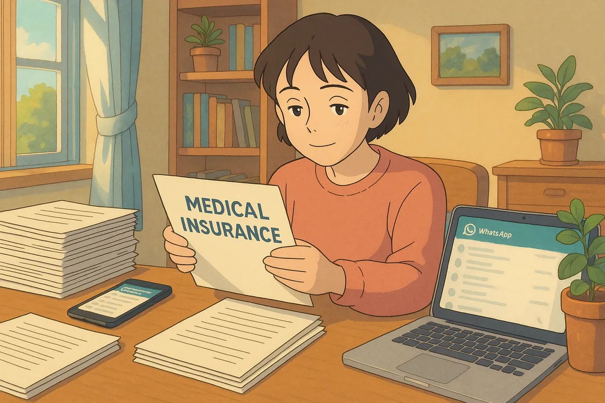 A young person reviewing a "Medical Insurance" document at a desk with papers, a smartphone, and a laptop displaying WhatsApp, in a cozy room with natural light.