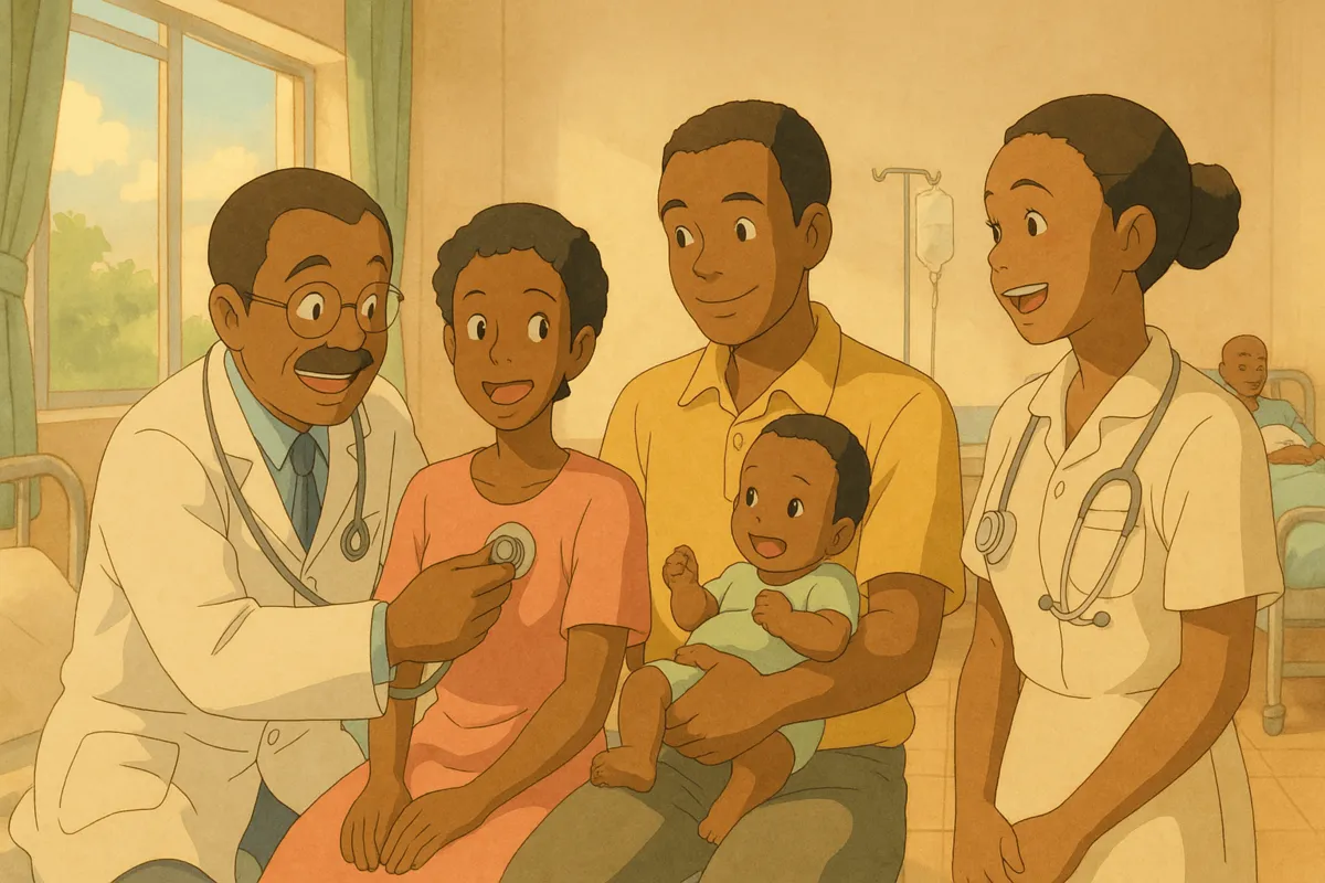 A friendly doctor examines a baby while a smiling family looks on, inside a hospital room with a cozy atmosphere.