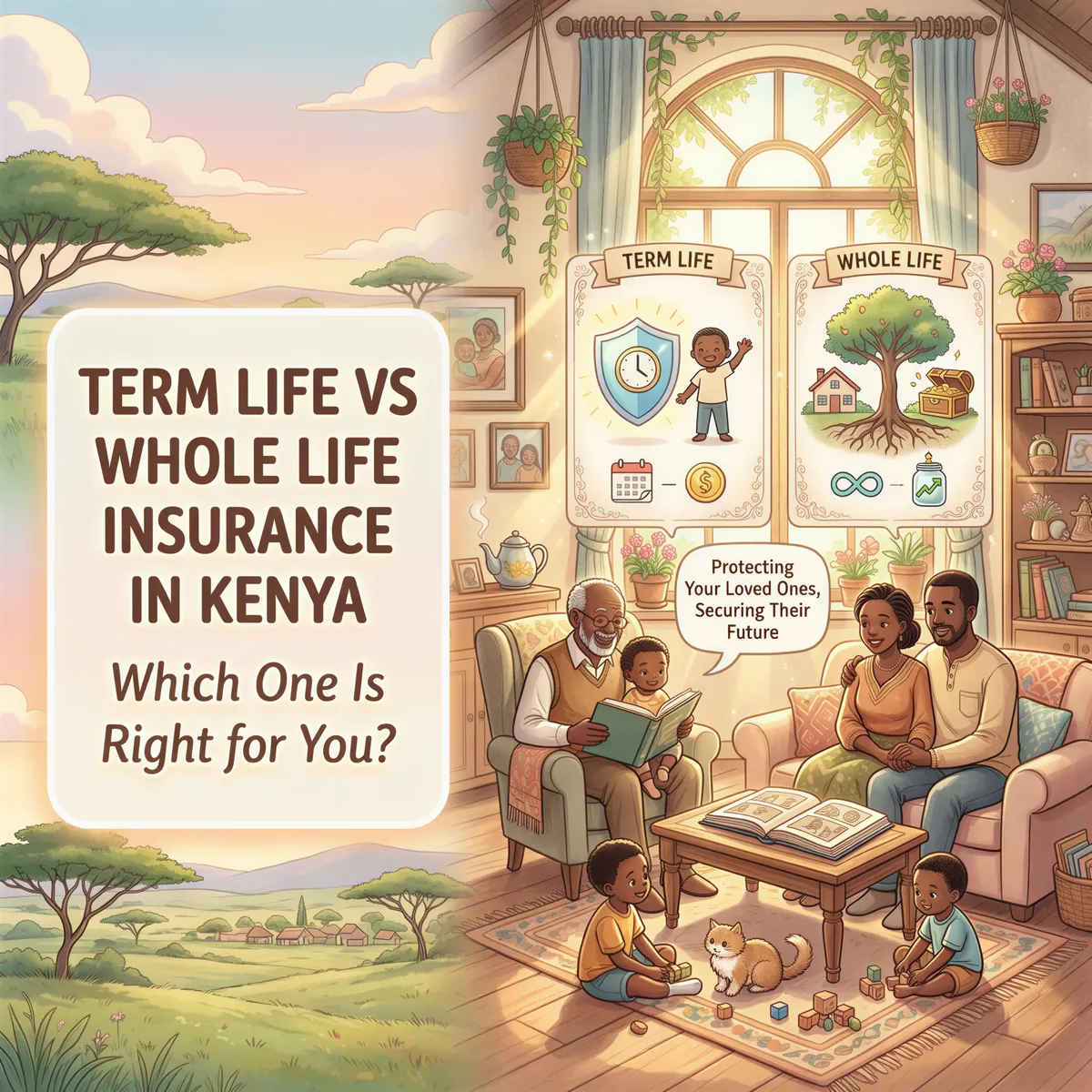 Studio Ghibli-inspired banner showing a Kenyan family considering term life vs whole life insurance