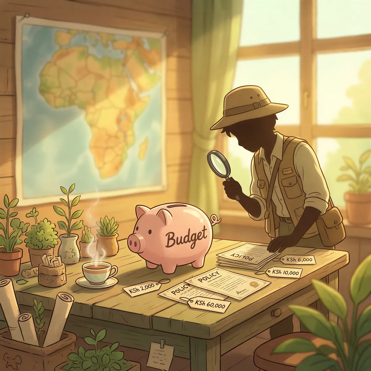 Budget-friendly travel insurance costs in Kenya shown with price tags and a piggy bank.