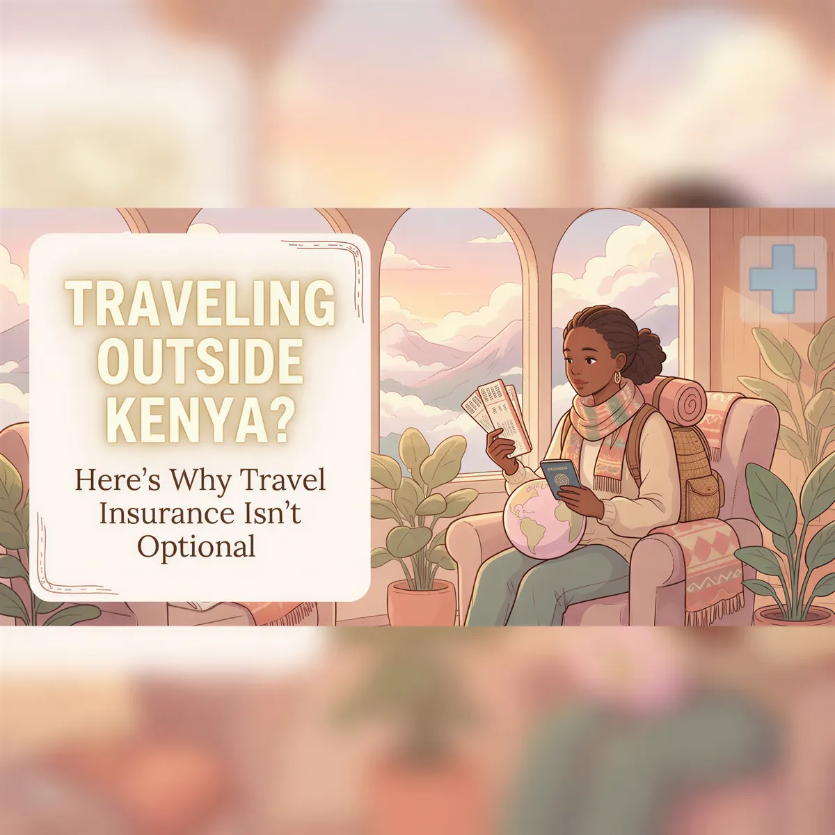 Banner image for Travel Outside Kenya article with a cheerful Kenyan traveler and world map in Studio Ghibli style.