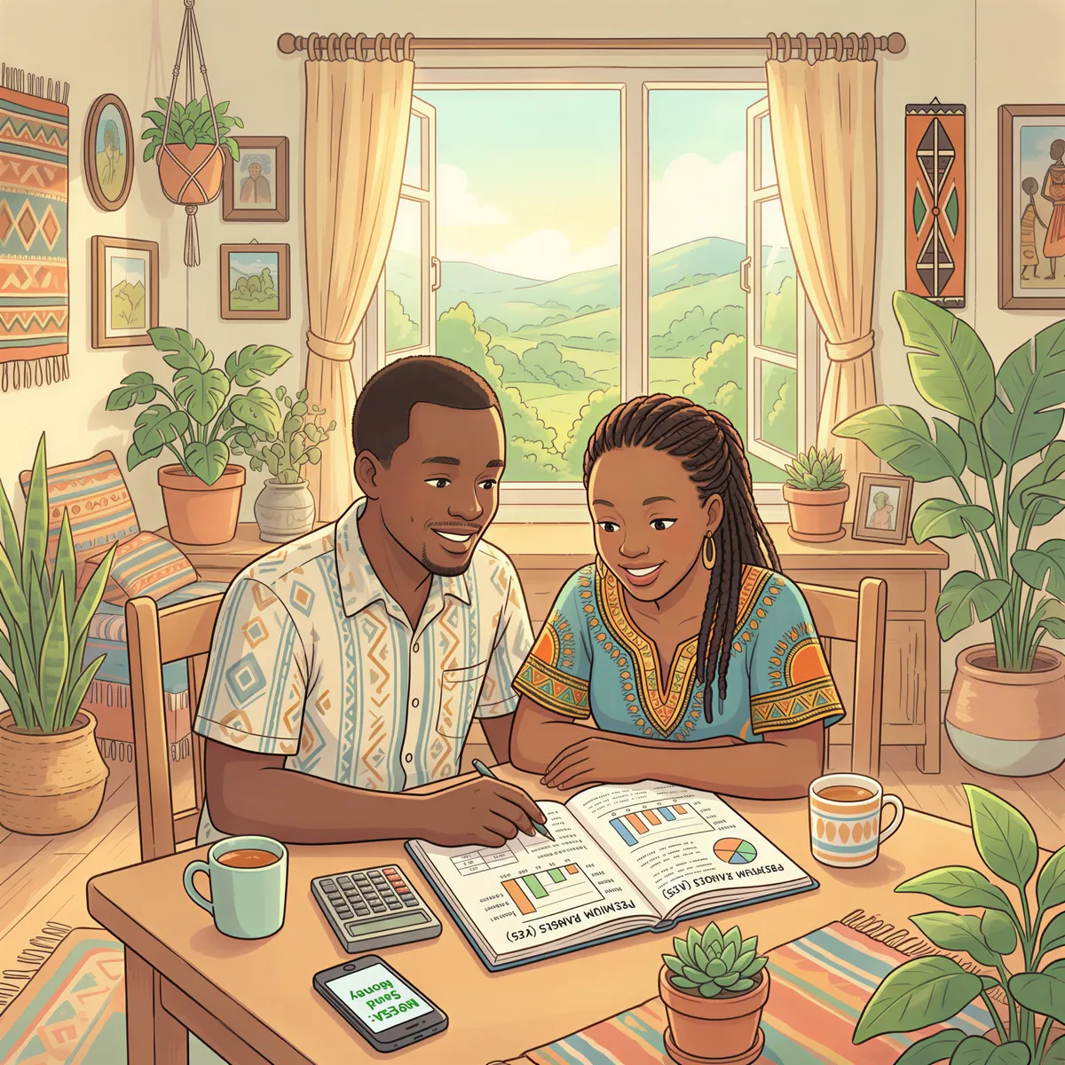 Couple budgeting wedding insurance costs with a notebook and calculator in a warm kitchen