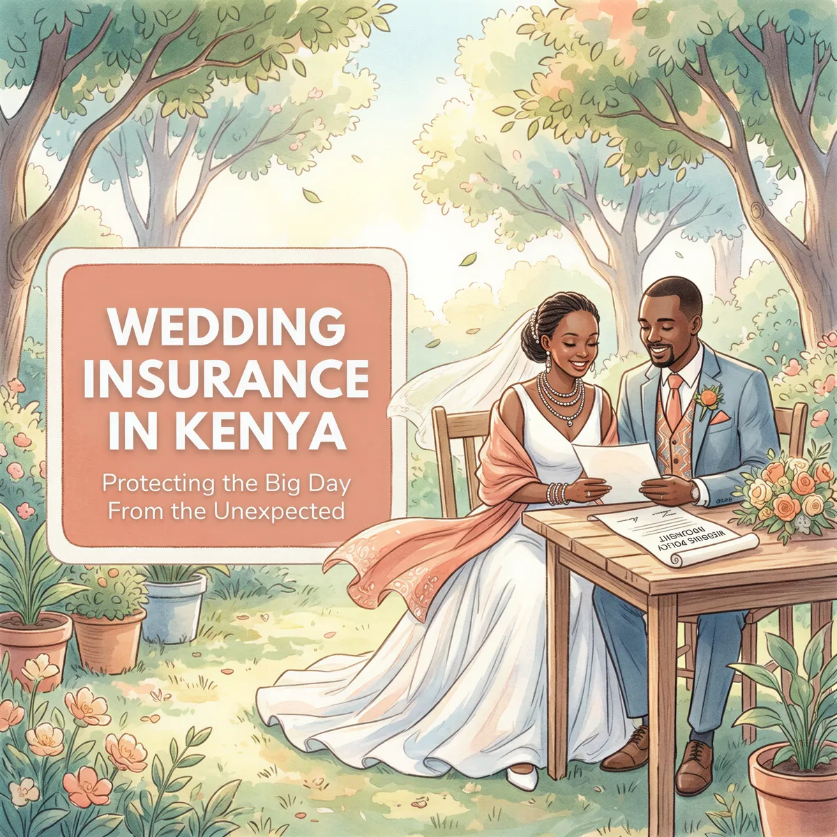 Studio Ghibli-style banner for Wedding Insurance in Kenya with a protected big day