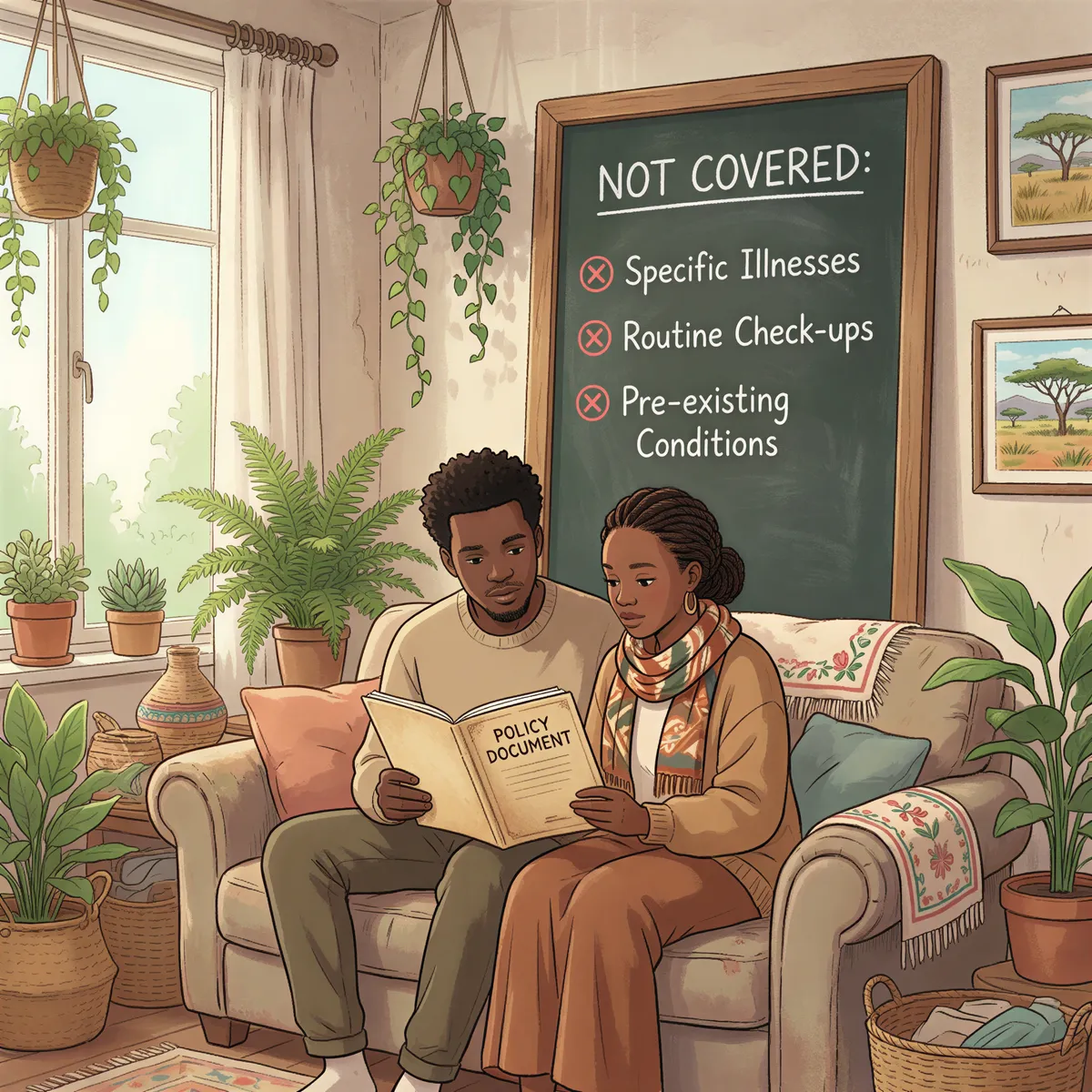 Not Covered items exclusion concept with couple and policy document in a Ghibli setting