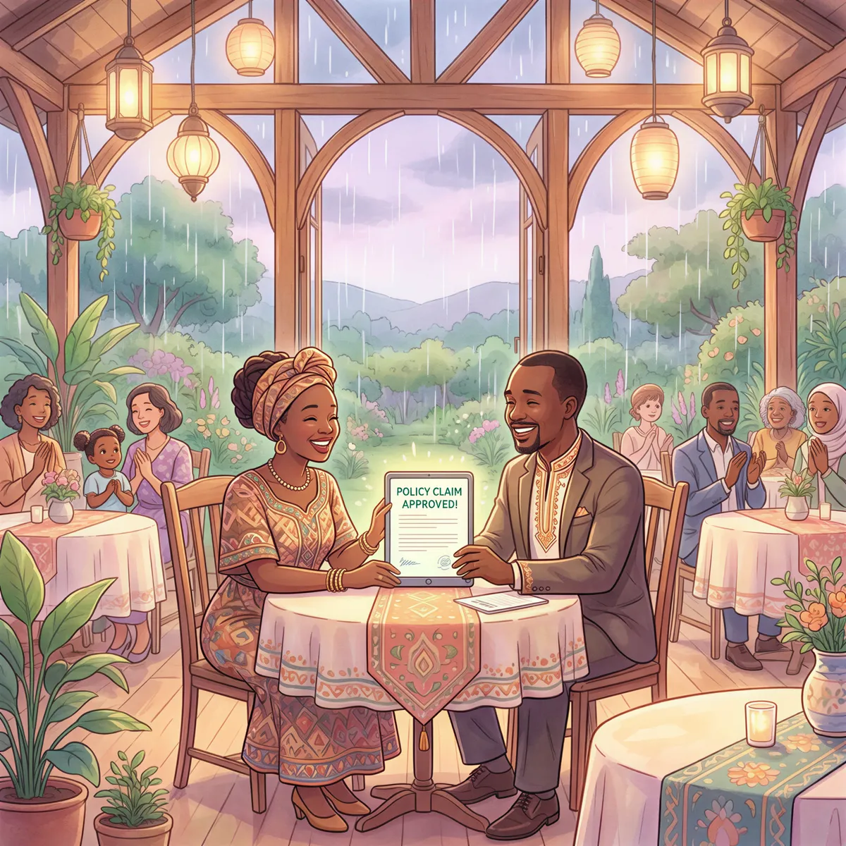 Couple facing wedding-day mishaps with insurance claim assistance in a soft Dreamy Studio Ghibli style