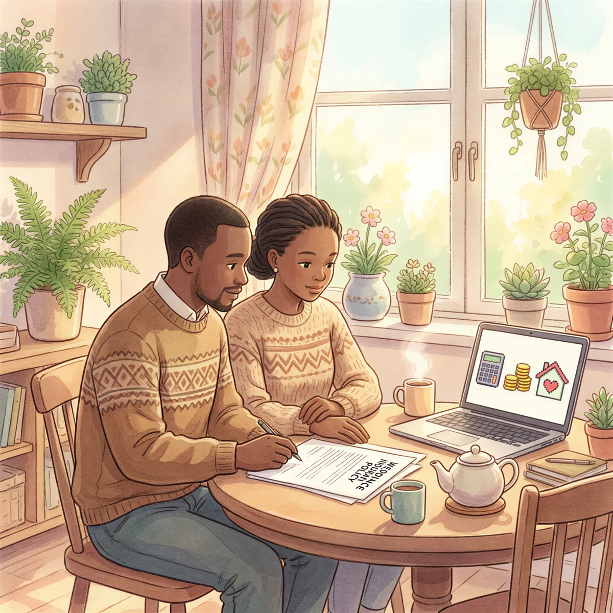 Kenyan couple reviewing wedding insurance policy at planning table