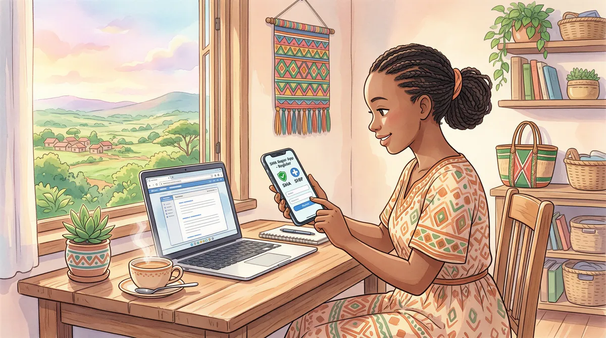 Studio Ghibli-style scene of a person using the SHA Super App to register