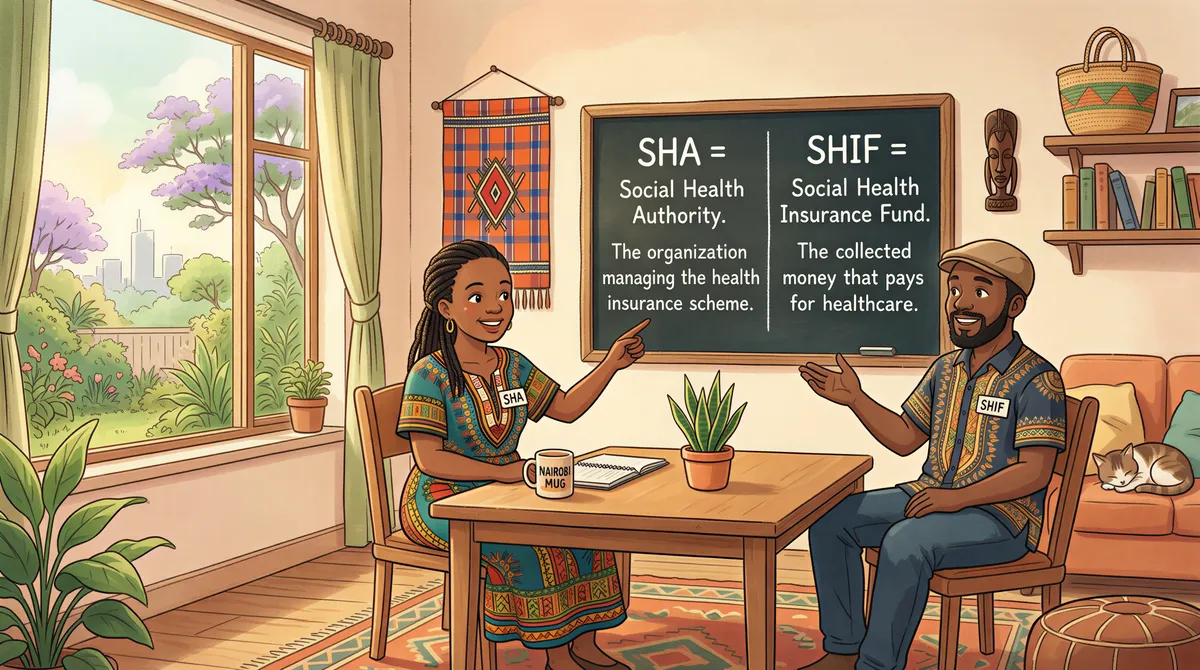 Studio Ghibli-style illustration showing SHA and SHIF as friendly guides explaining their difference
