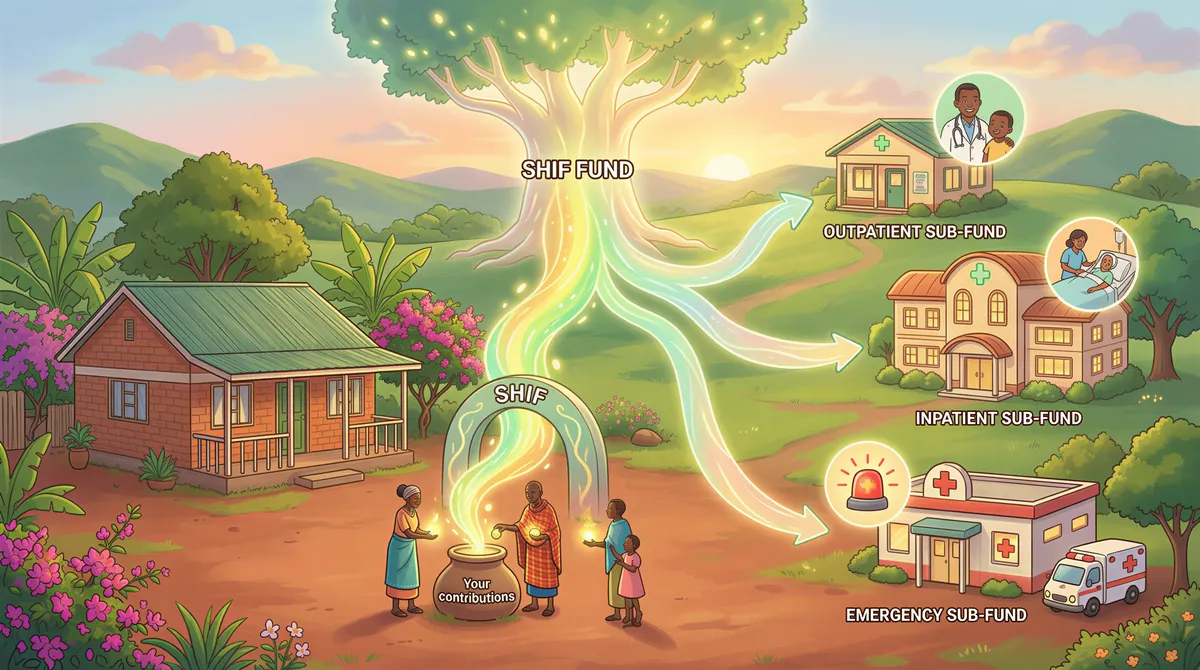 Flow of SHIF contributions into the fund with outpatient, inpatient, and emergency icons