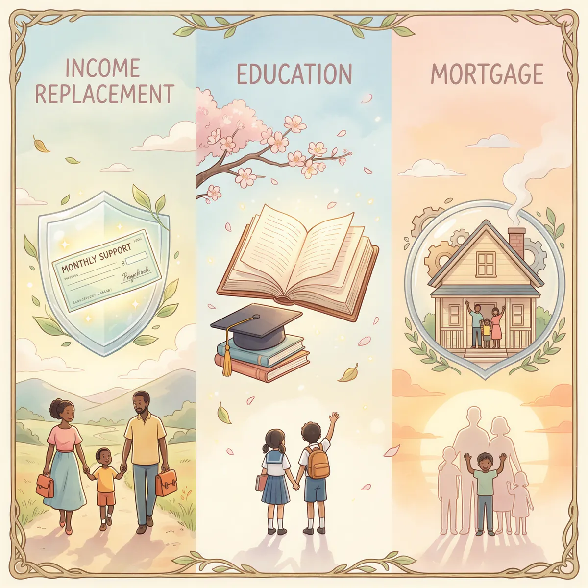 Three life insurance protections—income, education, mortgage—illustrated with icons in a warm, dreamy scene