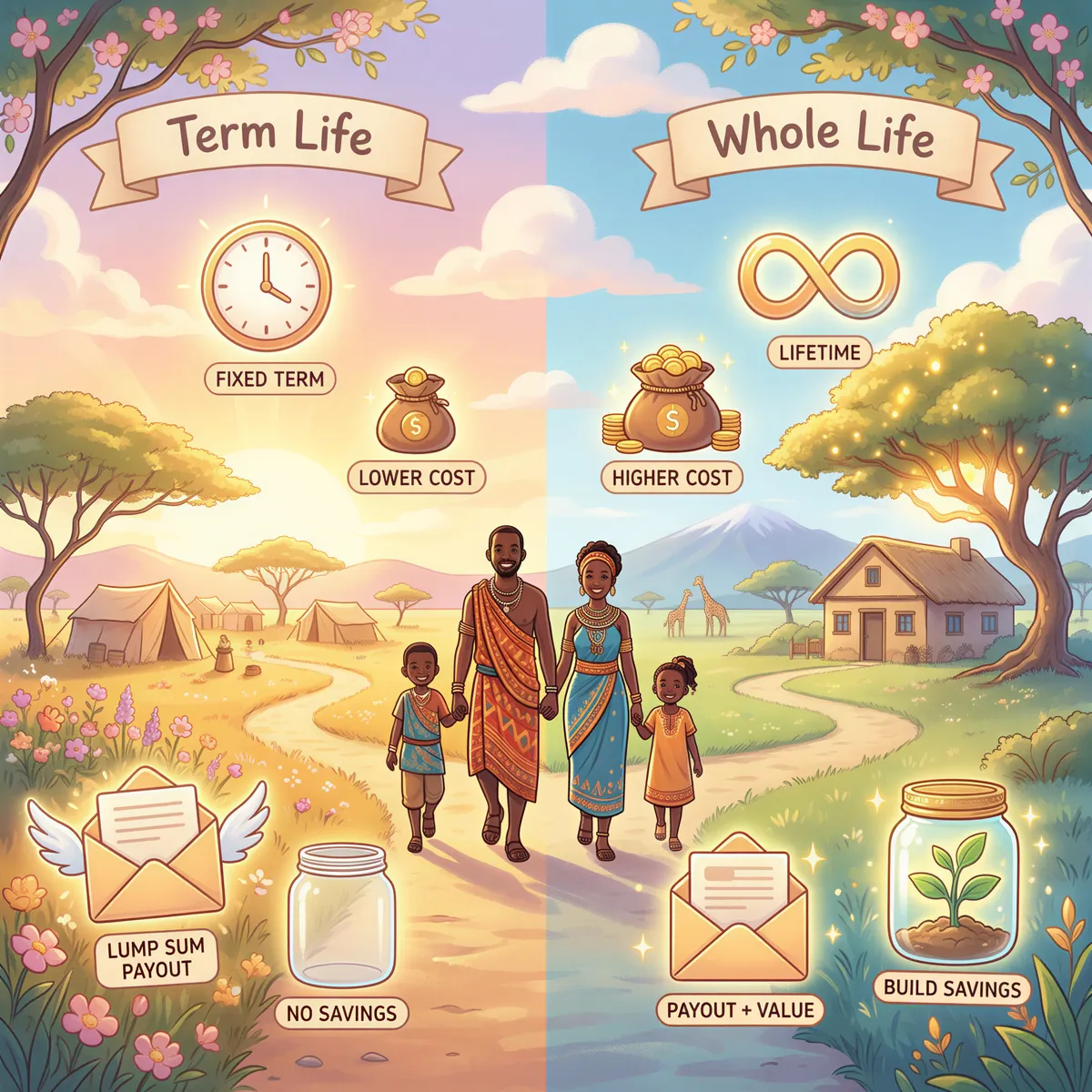 Term life vs whole life insurance compared in a friendly Studio Ghibli scene for Kenyan families