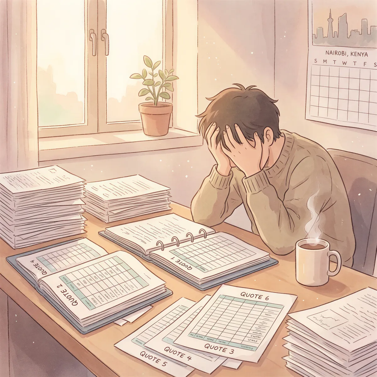 Frustrated broker with hundreds of quote spreadsheets scattered on a desk