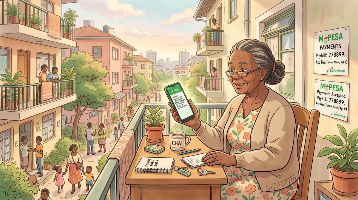 Phone screen showing M-Pesa integration for rent reminders