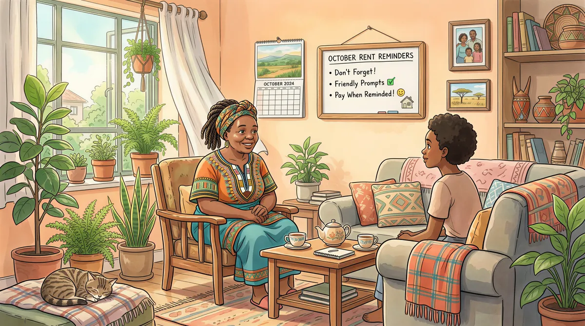 Kenyan landlord and tenant discussing reminders in a cozy living room