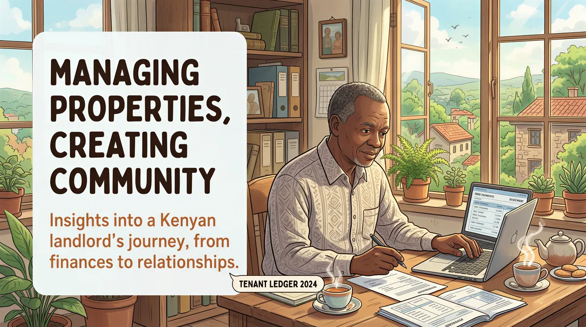 A Kenyan landlord organizing bank statements and property records for rent collection