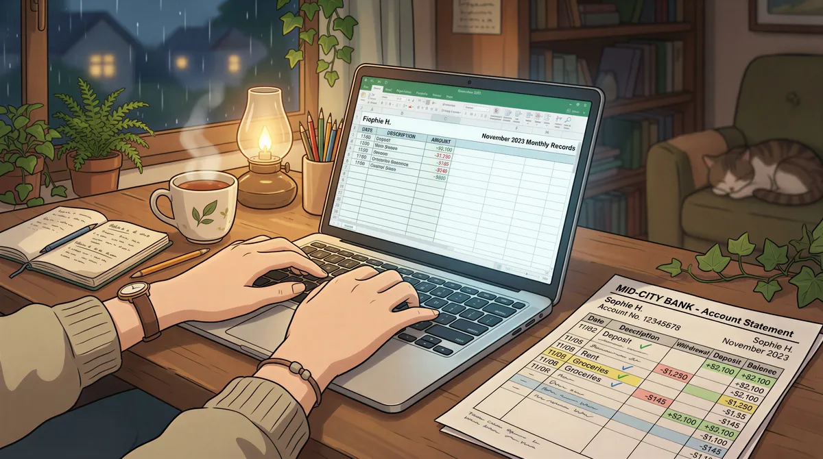 Landlord analyzing bank statement entries on a spreadsheet