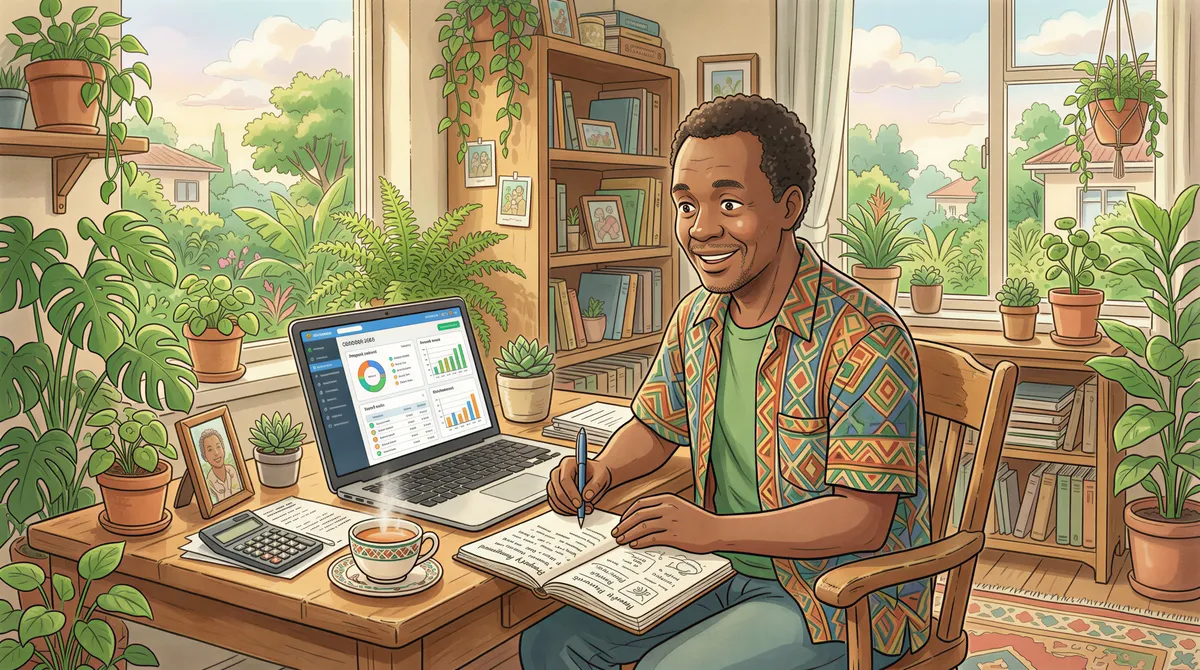 Kenyan landlord evaluating property management software in a Studio Ghibli-inspired setting