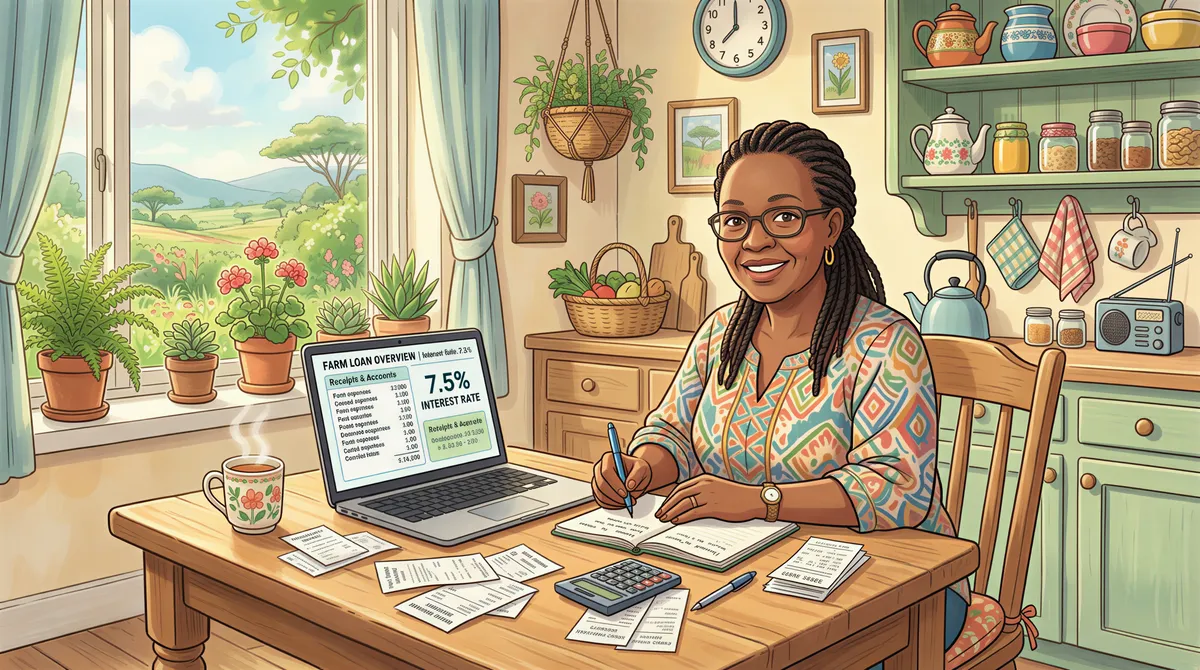 Small Kenyan landlord calculating MRI tax with receipts and calculator on a tidy kitchen table