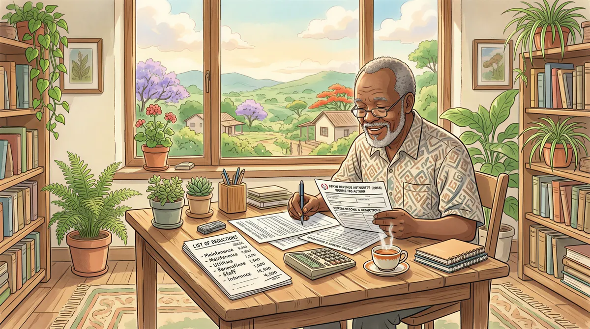 Kenyan landlord calculating regular income tax with deductions using printed forms on a tidy desk