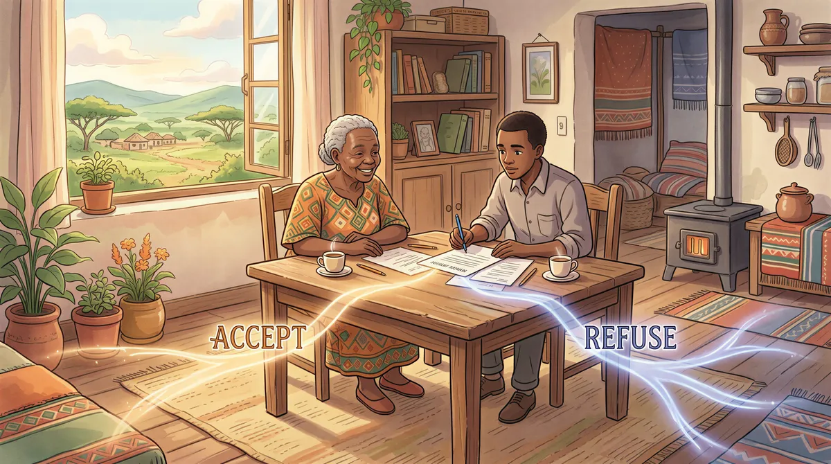 Kenyan landlord considering accepting or refusing a partial rent payment in a cozy home