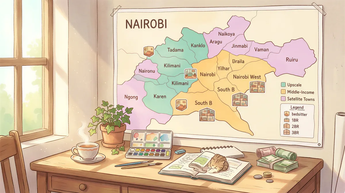 Colorful Nairobi-area rental ranges displayed on a soft, illustrated map