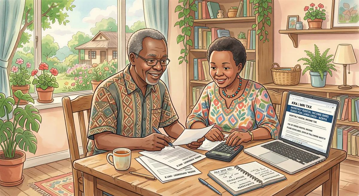 Kenyan landlord learning MRI tax concept in a cozy home office