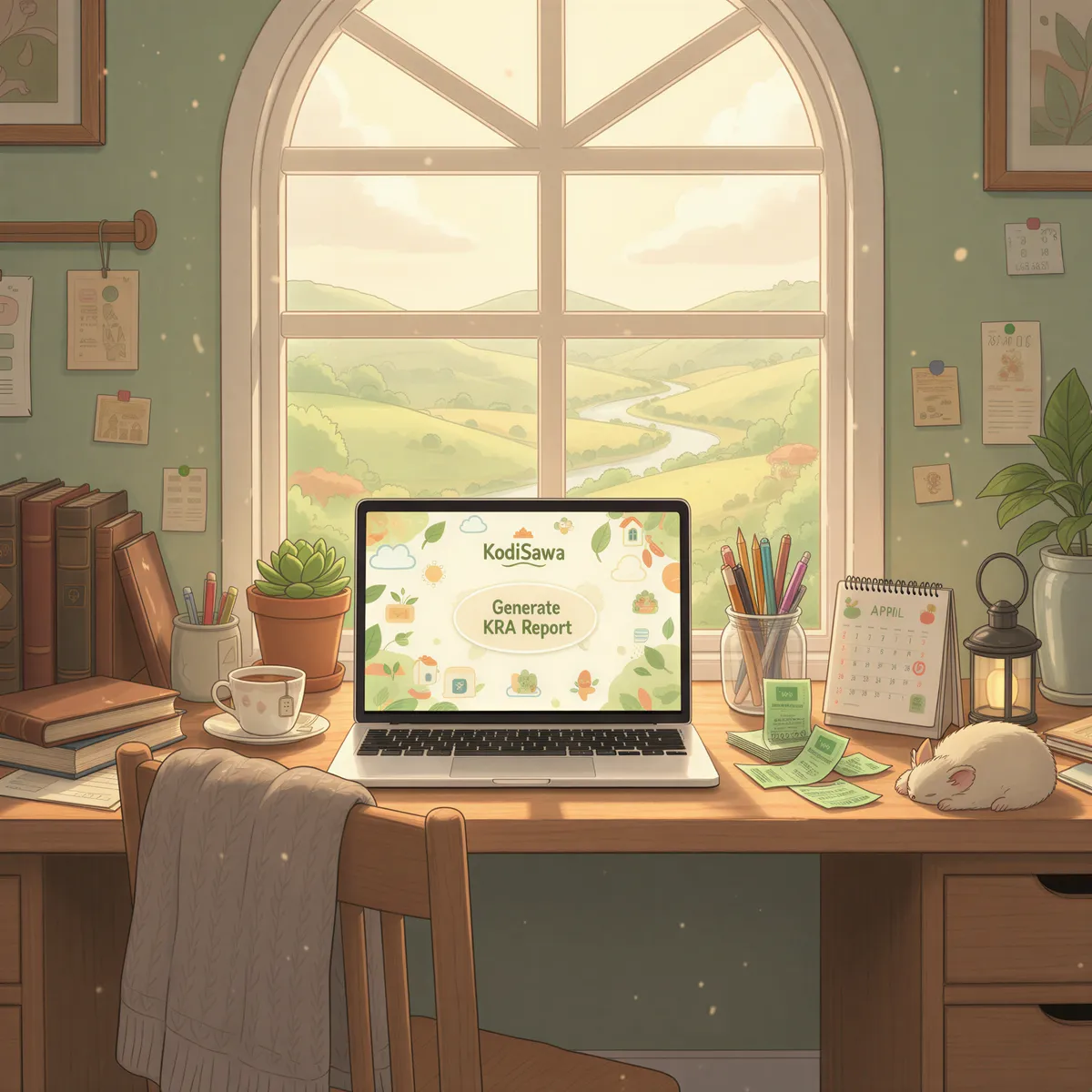 KodiSawa dashboard with 'Generate Tax Report' button in a cozy studio