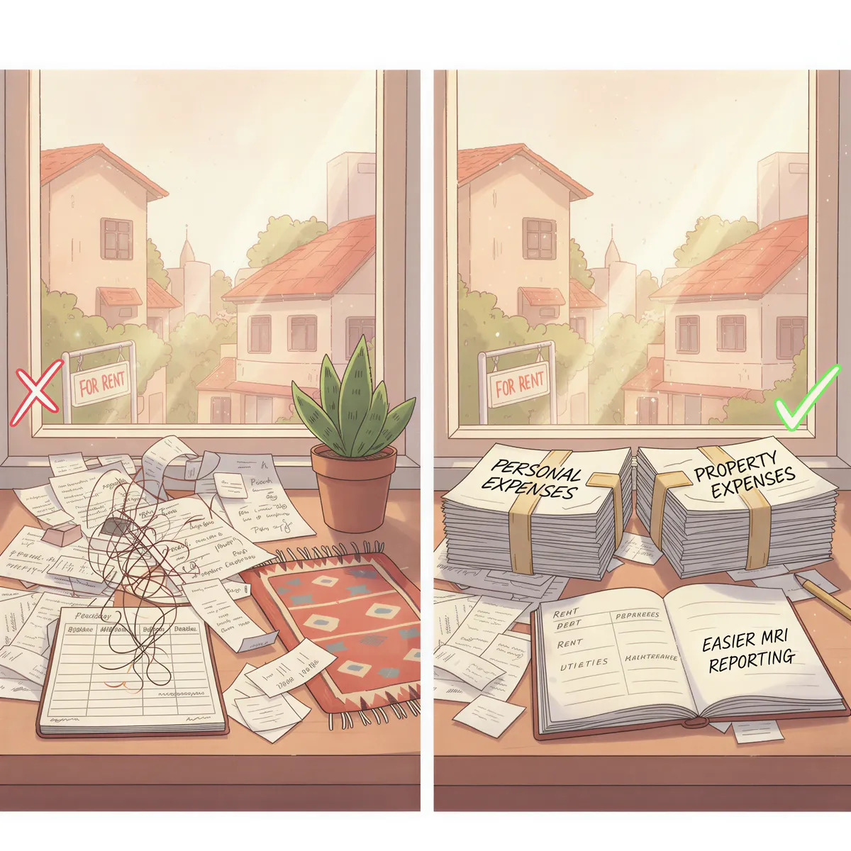 Two phone screens side by side - one showing mixed transactions, one showing separated property expenses