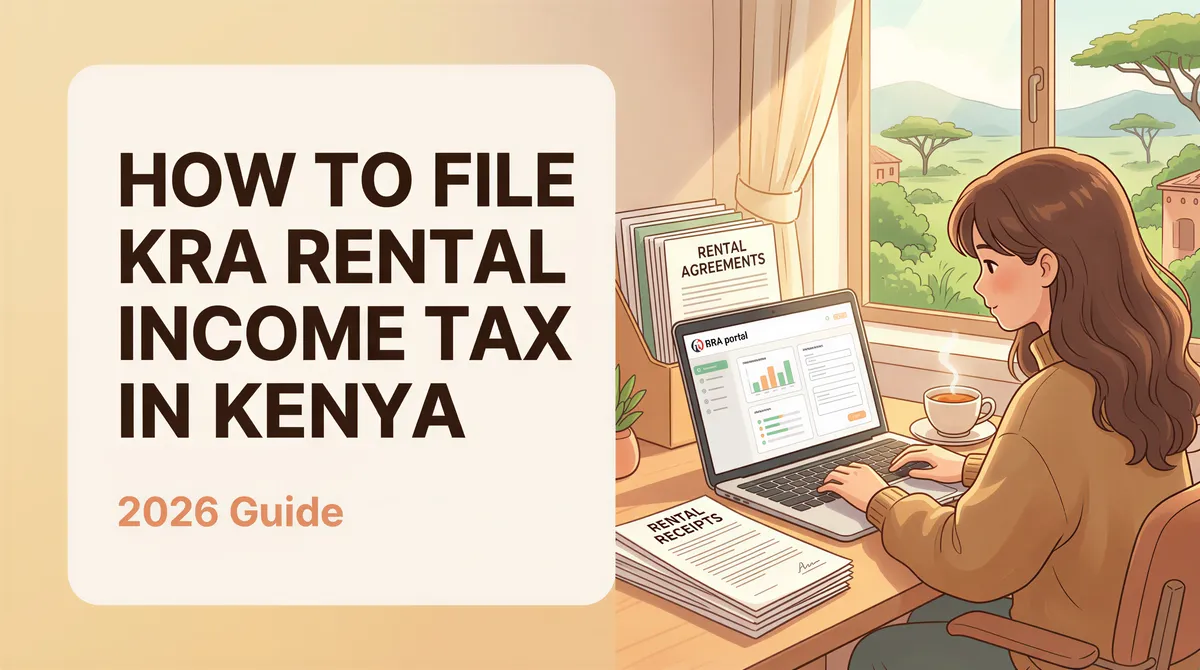 A peaceful home office setup for a Kenyan landlord managing rental income tax filings on a laptop.