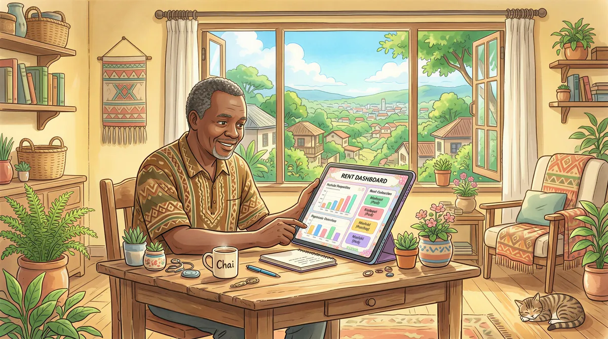Kenyan landlord viewing rent dashboard in a cozy home office