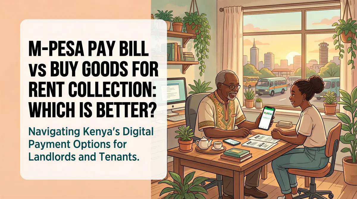 Studio Ghibli-inspired banner about M-Pesa Pay Bill vs Buy Goods for rent collection in Kenya with warm pastel tones
