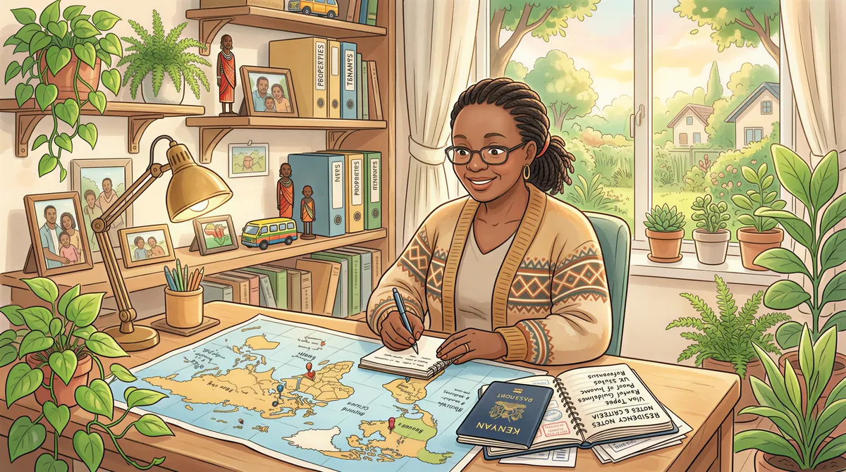 Diaspora landlord reviewing non-resident residency criteria at a cozy desk