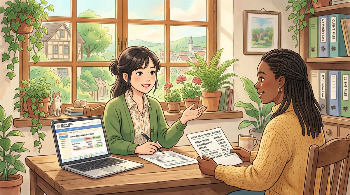 A property manager explains an owner statement to an owner in a cozy office
