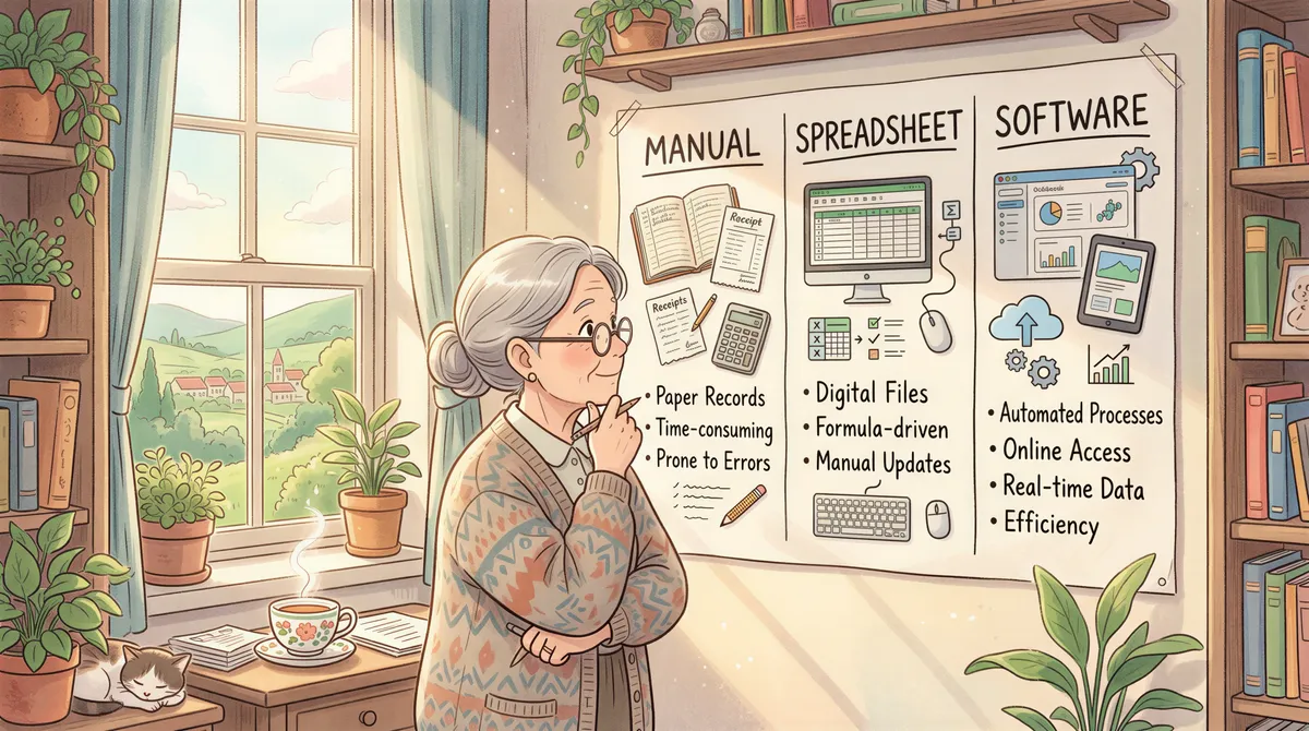 Decision visual showing options: manual spreadsheet, Pay Bill + spreadsheet, and basic software on a desk