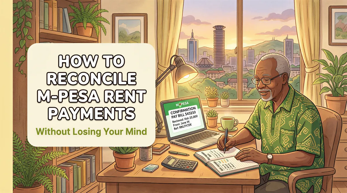 Banner showing a Kenyan landlord reconciling M-Pesa rent payments with warm Studio Ghibli vibes