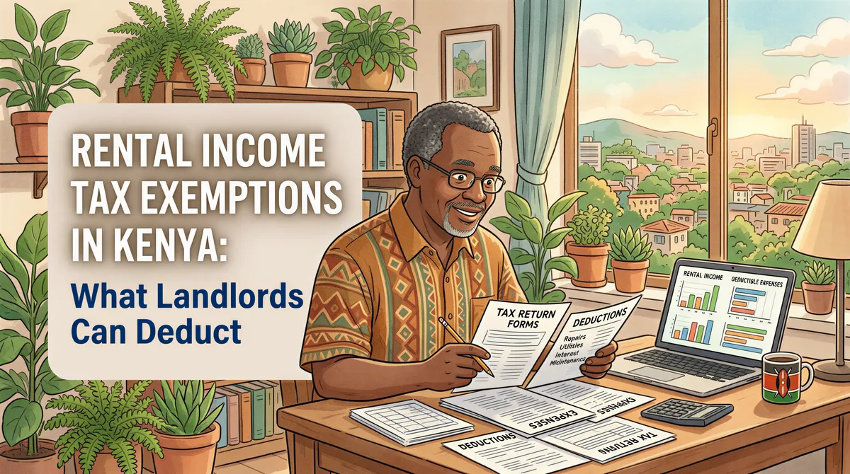 Studio Ghibli banner showing a Kenyan landlord in a cozy home office exploring rental income tax options MRI vs Regular tax with deductions