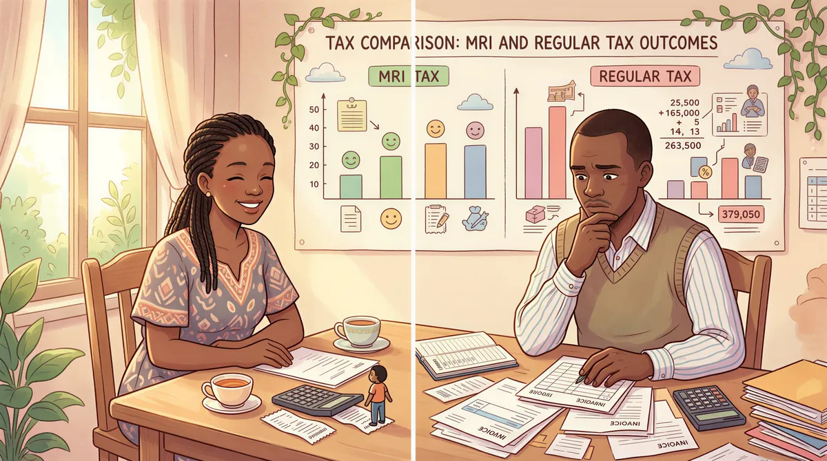 Two Kenyan landlords compare MRI vs Regular tax outcomes with a chart