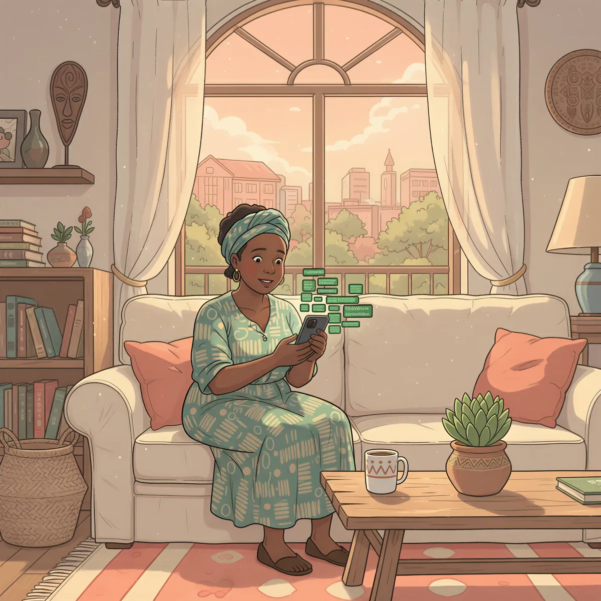 Frustrated Kenyan landlord scrolling through hundreds of M-Pesa messages on a smartphone in a cozy Kilimani living room