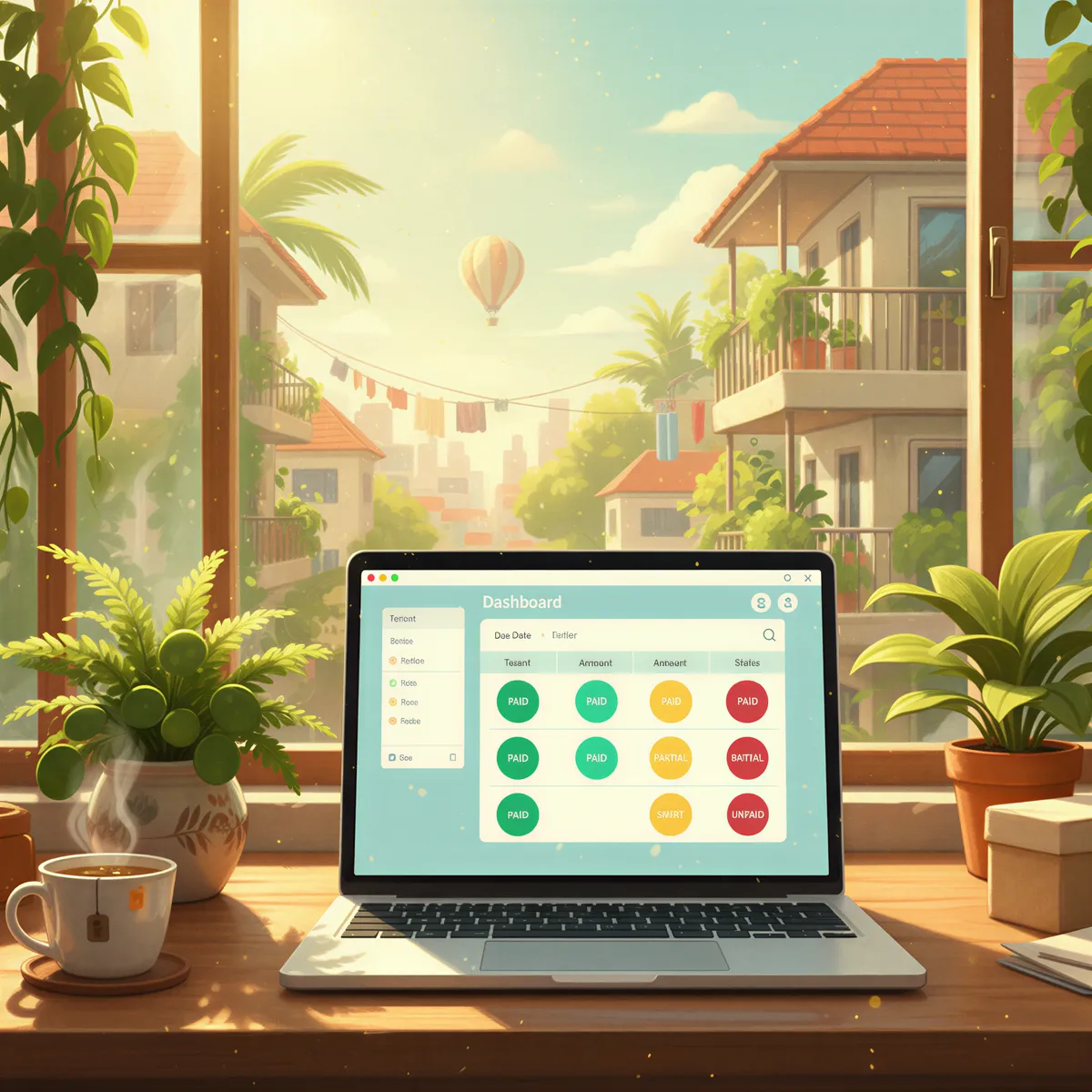 Clean KodiSawa dashboard on a laptop showing property status with green, yellow, and red indicators
