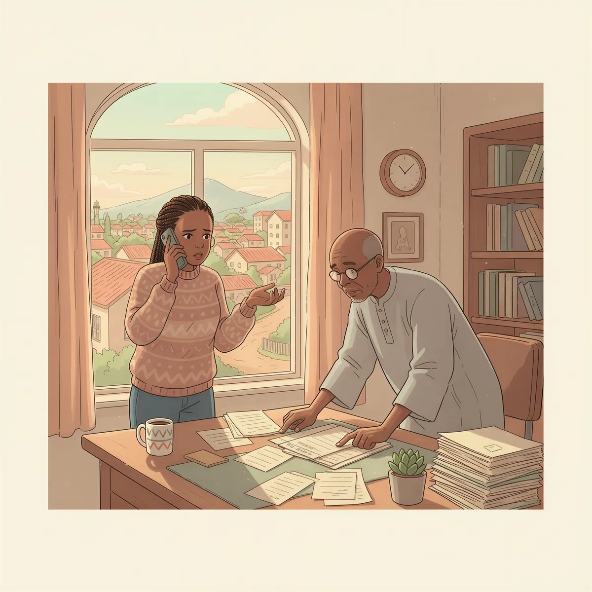 Frustrated tenant on a phone beside a landlord reviewing records in a cozy living room; rent dispute scene.